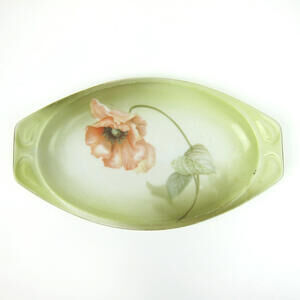 Antique Ceramic Trinket Dish Pink Poppy Flower Green Oval Flat Tray Germany